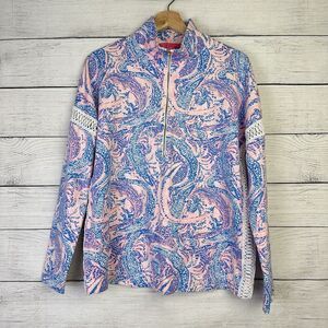Lilly Pulitzer Skipper Pullover Top Womens Small Pink Blue Paisley Knit Half Zip